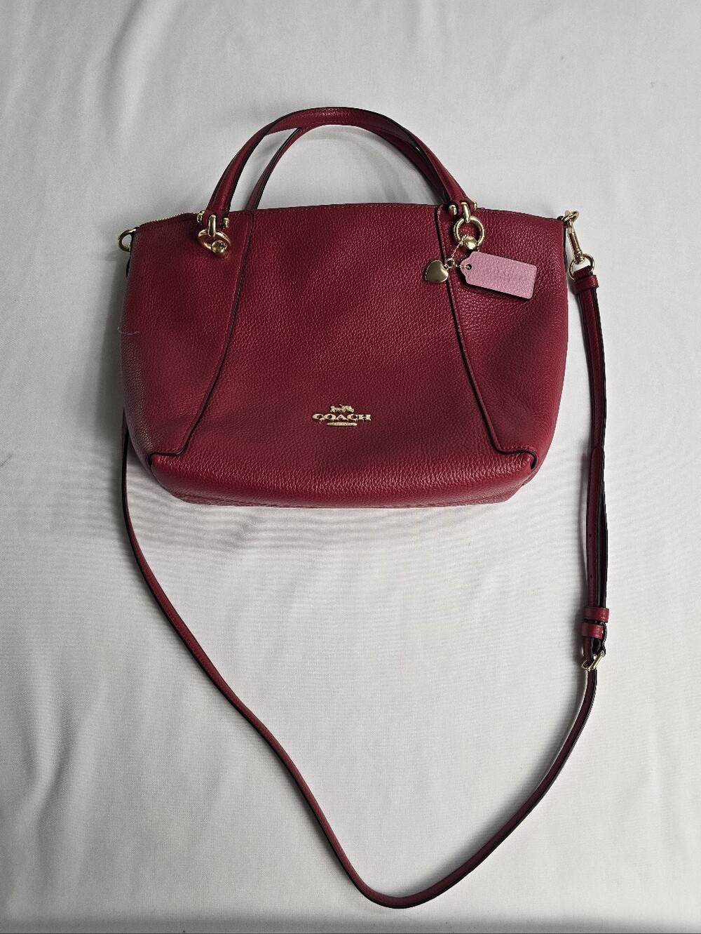 Coach Red Pebbled Leather Satchel Purse With Pink Tag And Heart Charm